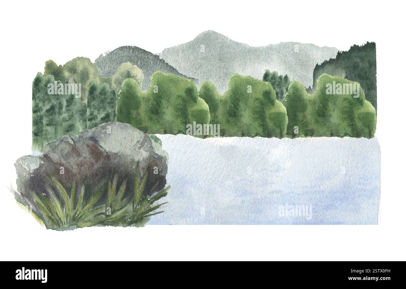 Vue sur la rivière avec bannière aquarelle en pierre rocheuse isolée sur blanc. Zone de forêt de rive et montagnes brumeuses sur l'illustration de toile de fond dessinée à la main. Pittoresque Banque D'Images