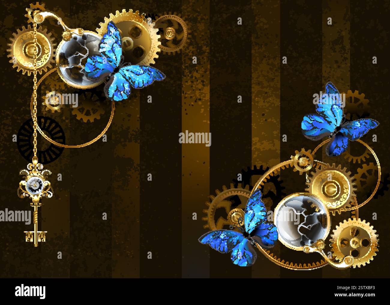 Conception conceptuelle d'engrenages en laiton brillant, de lentilles antiques cassées et de papillons morphes bleus assis sur eux sur fond brun, rayé, steampunk. S Illustration de Vecteur