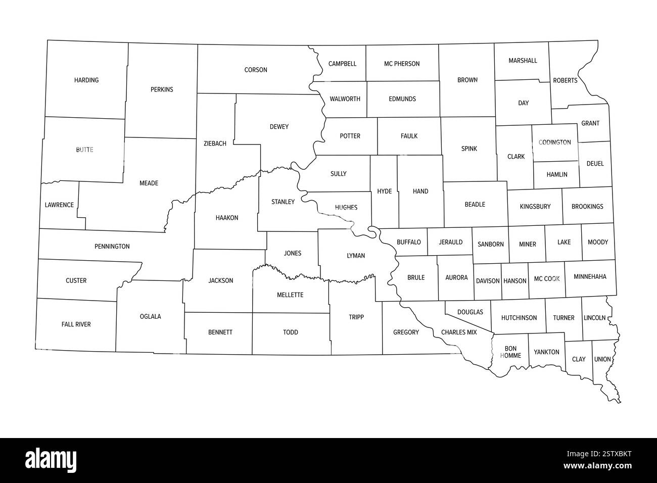 État du Dakota du Sud subdivisé en 66 comtés, carte de contour. État dans la région du centre-nord des États-Unis, surnommé Mount Rushmore State. Banque D'Images