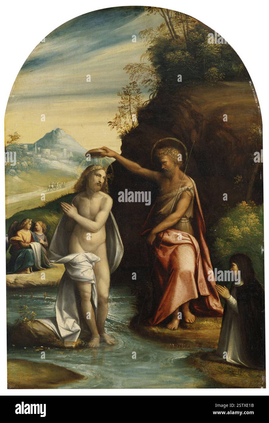Une représentation du baptême du Christ qui utilise des éléments de paysage pour souligner les figures. Comprend également une religieuse dominicaine. Benvenuto Tisi - Banque D'Images