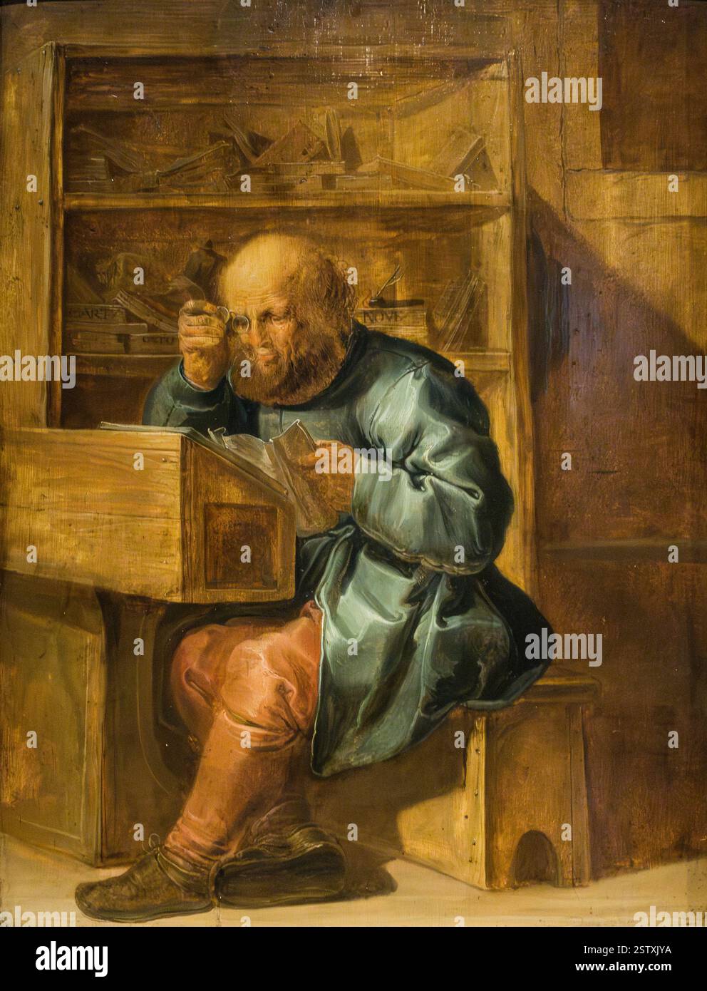 Relecture de pages de livres nouvellement imprimées à Anvers - peut-être un portrait de Cornelis Kiliaan, un poète 16c, érudit et relecteur à la Plantin Press Banque D'Images