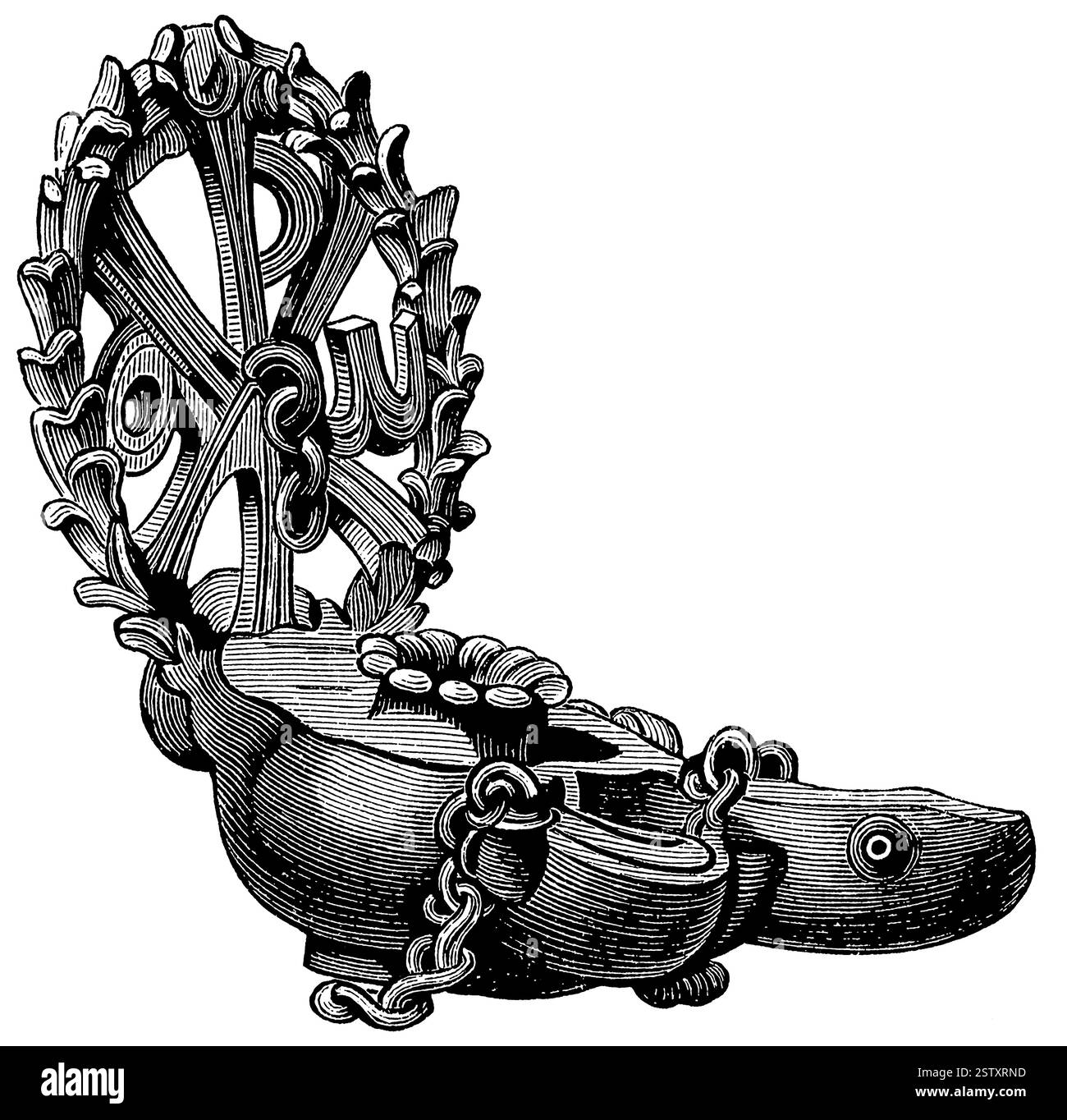 Art en bronze antique Vieille lampe chrétienne des catacombes romaines. Banque D'Images