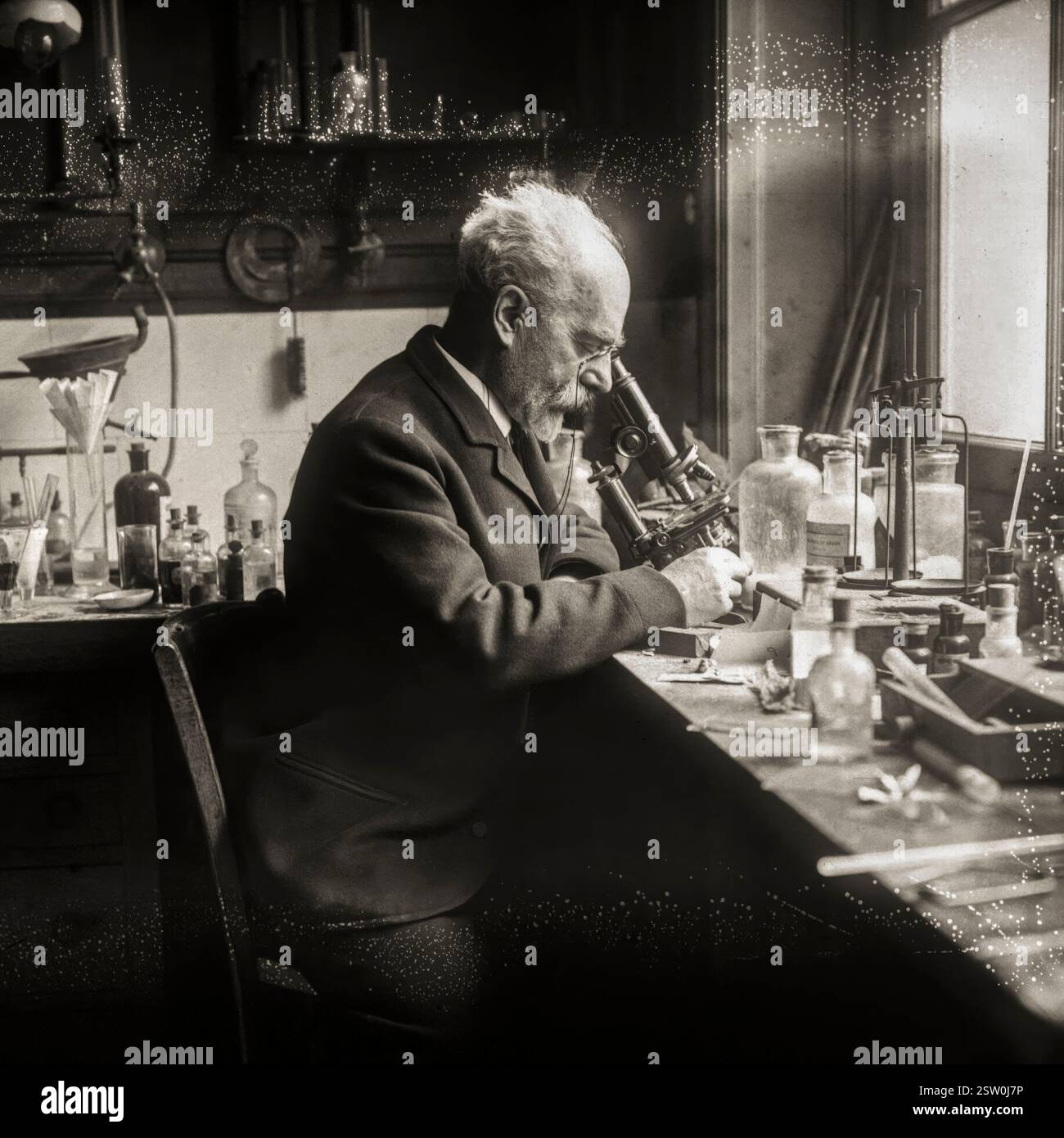 Gabriel Lippmann. Portrait photographique du physicien et inventeur français Jonas Ferdinand Gabriel Lippmann (1845-1921) travaillant dans son laboratoire, 1908 Banque D'Images