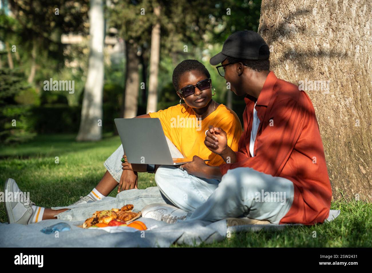 Amis afro-américains détendus assis près du tronc d'arbre avec ordinateur portable dans le parc, ayant un pique-nique agréable. Banque D'Images