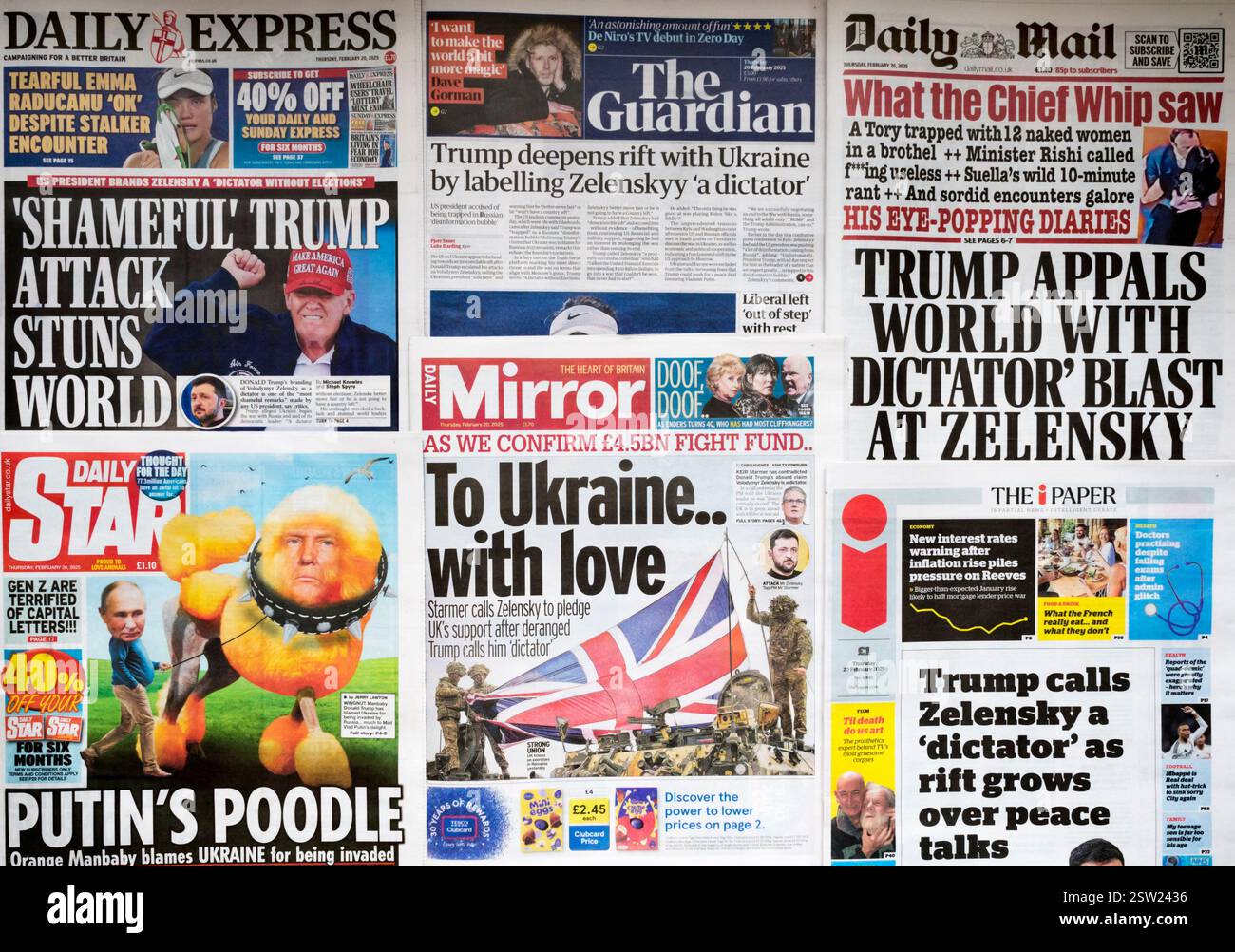 20 février 2025. Une sélection de pages de journaux britanniques après que Trump ait qualifié le président Zelenskyy de dictateur. Banque D'Images