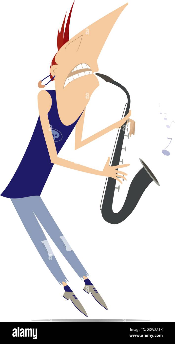 Saxophoniste de dessins animés. Musicien joue du saxophone. Le saxophoniste joue de la musique avec la grande inspiration. Isolé sur fond blanc Illustration de Vecteur