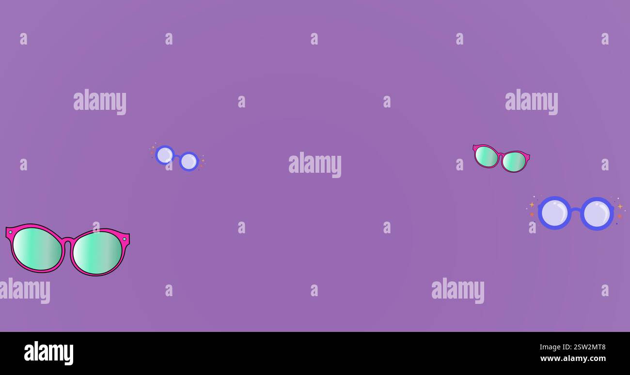 Image de lunettes roses et bleues se déplaçant sur fond violet Banque D'Images