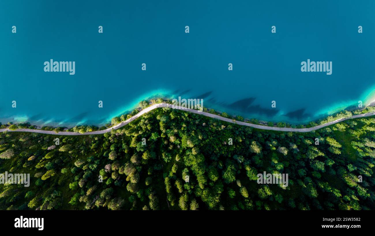 Vue aérienne du paysage verdoyant luxuriant et des eaux vibrantes de Plansee en Autriche Banque D'Images