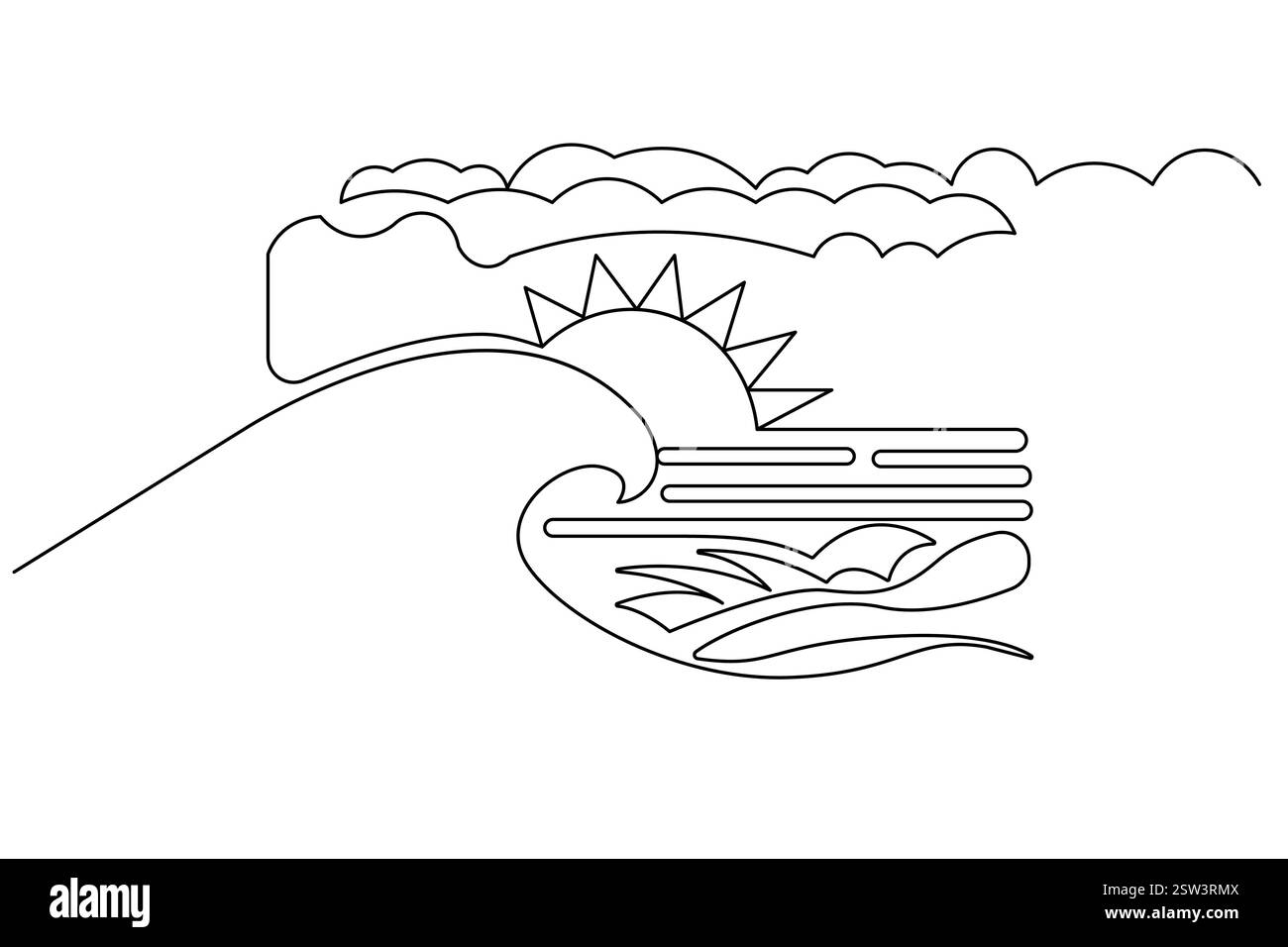 Coucher de soleil continu dessin d'art d'une ligne avec illustration vectorielle de contour et design minimaliste. Illustration de Vecteur