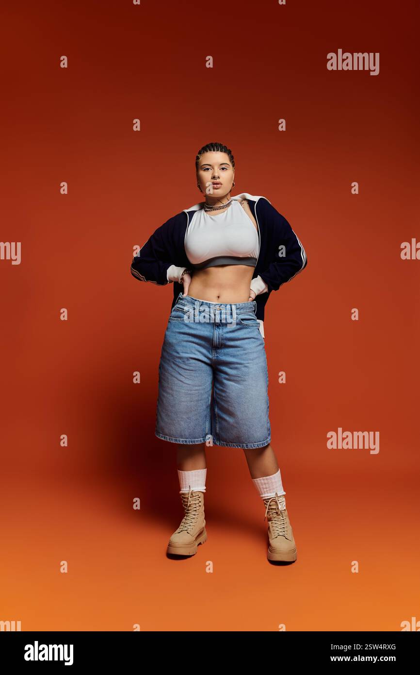 Une jeune femme met en valeur avec confiance son style unique dans une tenue décontractée animée. Banque D'Images
