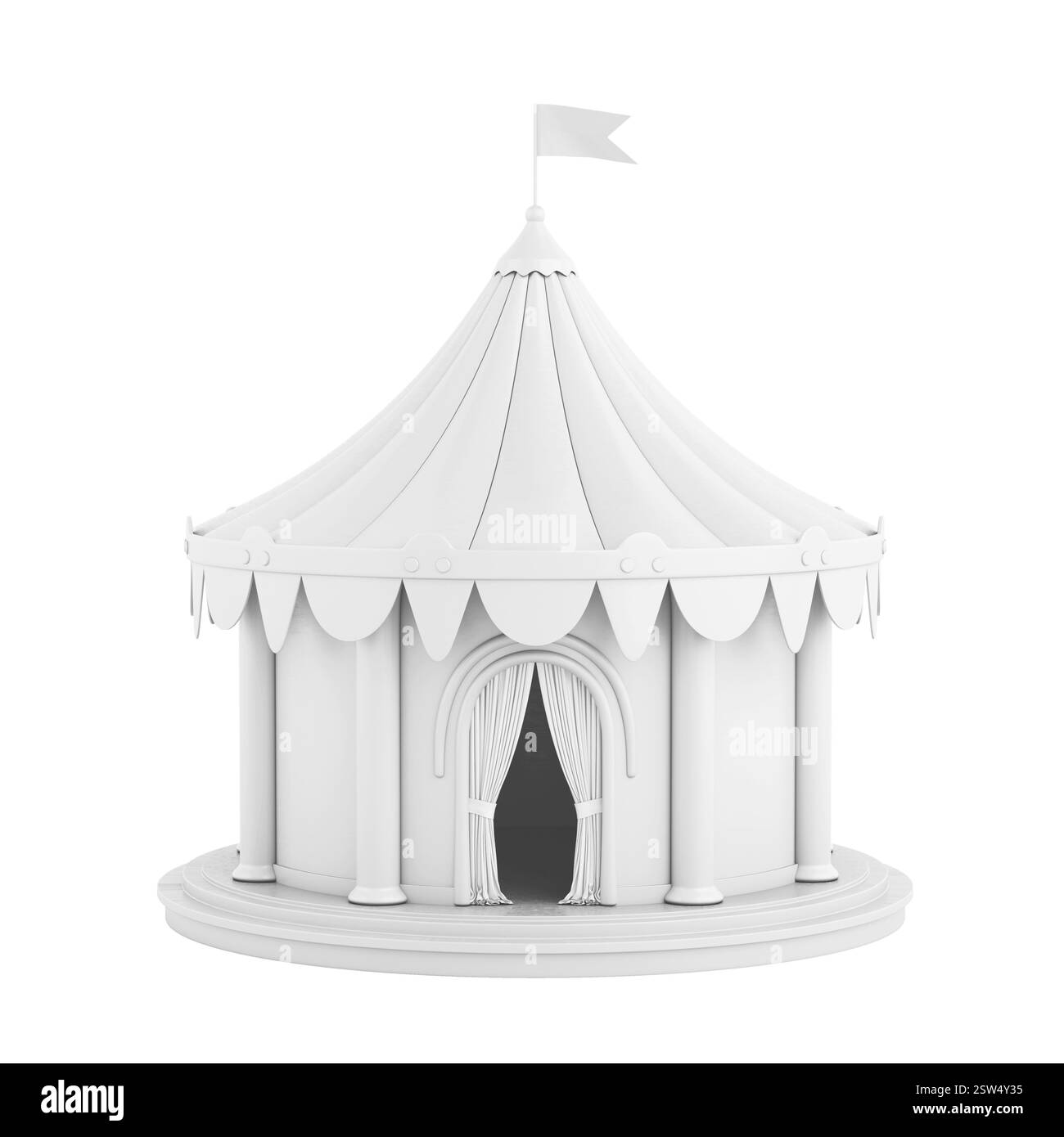 Abri tente blanc de cirque de dessin animé dans le style argile sur un fond blanc. Rendu 3D. Banque D'Images