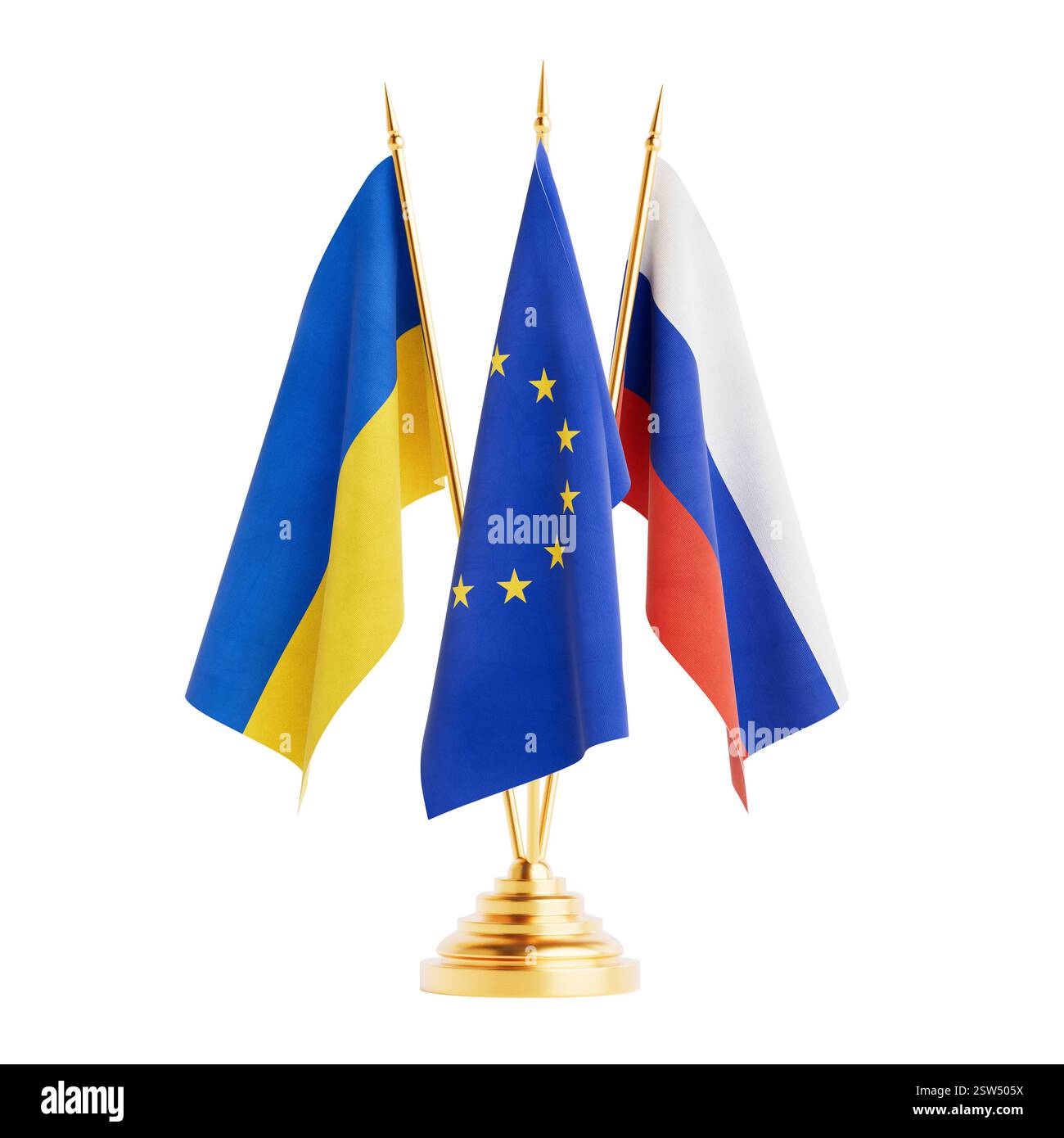 Concept de négociations de paix entre l'Ukraine et la Russie. Drapeaux de bureau de l'Union européenne, de l'Ukraine et de la Russie sur fond blanc. Rendu 3D. Banque D'Images