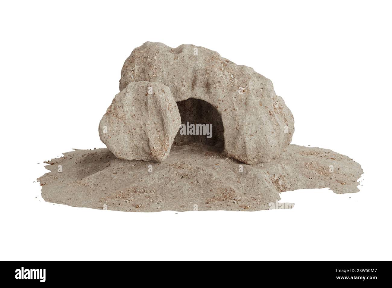 Concept de Pâques. Tombe vide de Jésus-Christ avec pierre roulée près de l'entrée de la grotte sur un fond blanc. Rendu 3D. Banque D'Images