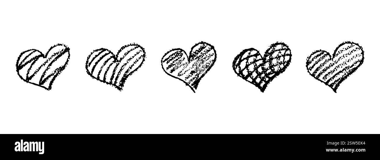 Ensemble de signes de coeurs noirs dessinés au crayon de cire. Symboles d'amour dans le style doodle. Collection d'éléments de coeurs d'enfant dessinés à la main ombrés avec des lignes diagonales Illustration de Vecteur Ensemble de signes de coeurs noirs dessinés au crayon de cire. Symboles d'amour dans le style doodle. Collection d'éléments de coeurs d'enfant dessinés à la main ombrés avec des lignes diagonales Illustration de Vecteur