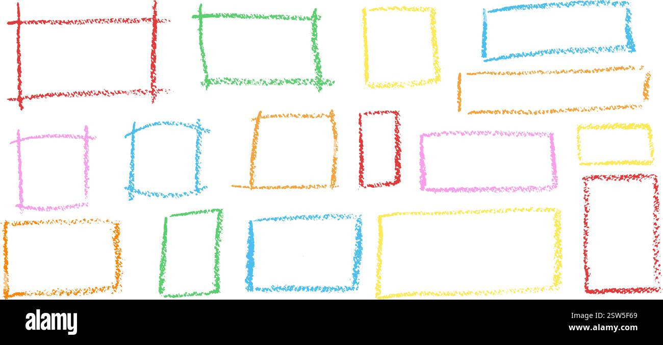 Ensemble de cadres colorés dessinés à la main à la craie. Collection d'écriture sur tableau noir par des enfants de formes géométriques rectangulaires et carrées. Vecteur coloré Illustration de Vecteur