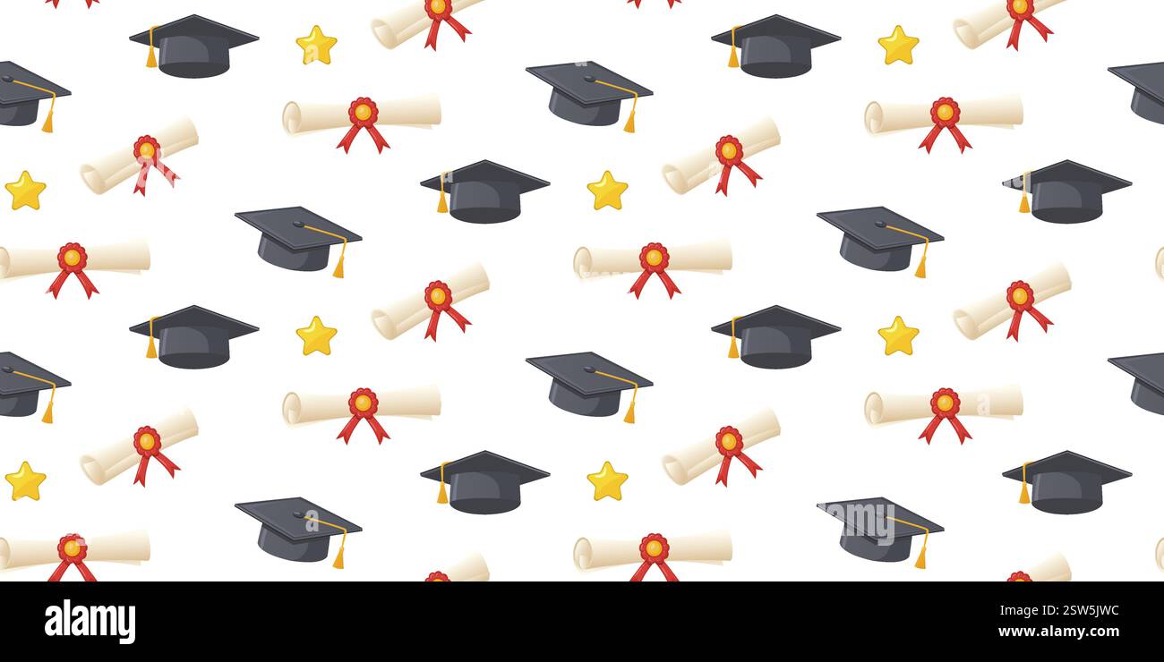 Motif de graduation. Modèle sans couture avec des casquettes de graduation noires, des diplômes, des étoiles dorées et des rubans rouges sur fond blanc. Pour carte de vœux, texti Illustration de Vecteur