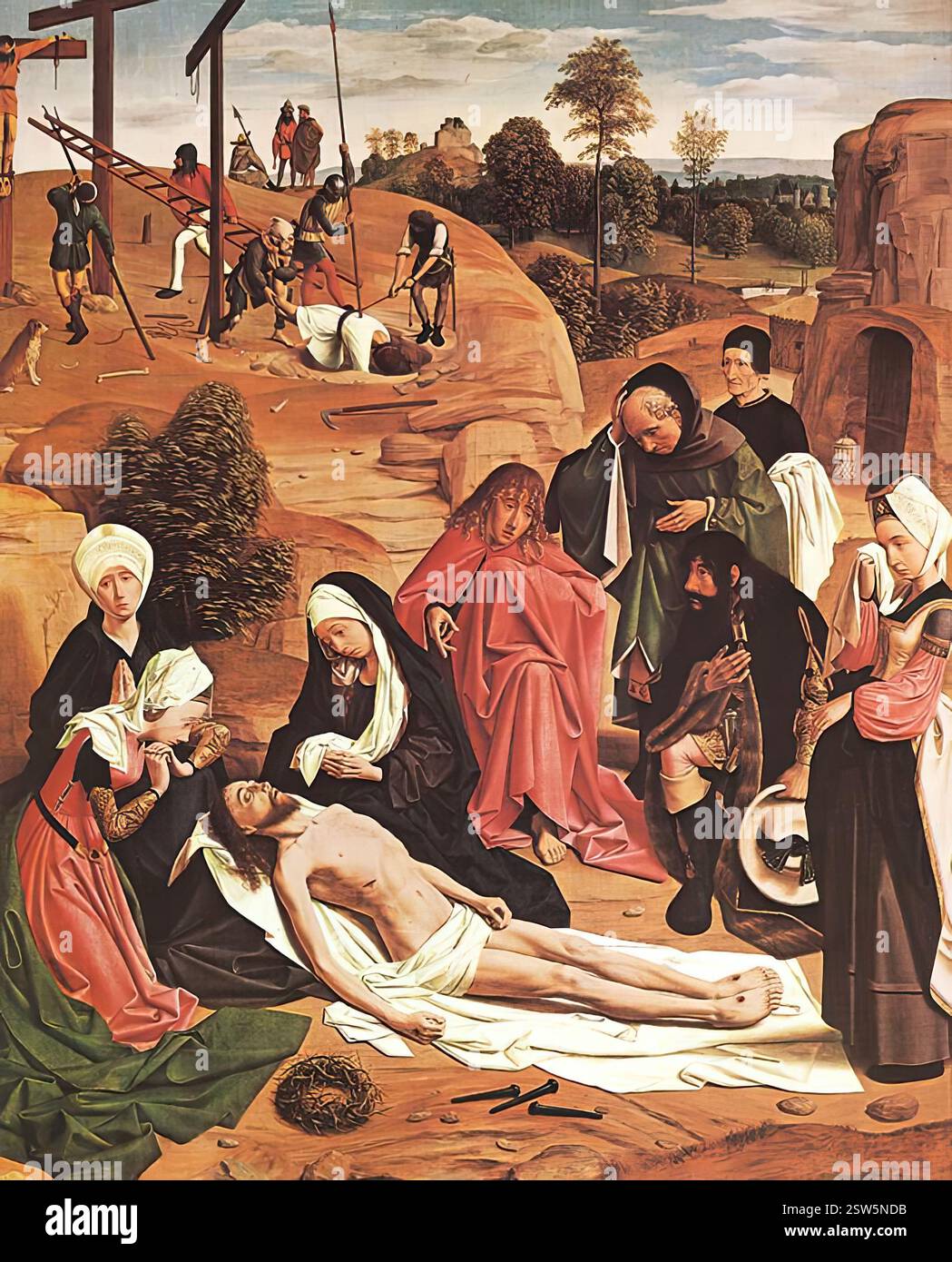 GEERTGEN tot Sint Jans (1460/65, Leyde, d. 1490, Haarlem) Lamentation sur le Christ mort 1485-90 bois, 175 x 139 cm Kunsthistorisches Museum, Vienne Geertgen vivait dans le monastère de Saint Jean à Haarlem comme l'indique son nom (petit Gérard de l'ordre de Saint Jean). Il a été élève de Van Ouwater, sa vie et son travail sont mal documentés. Deux œuvres à Vienne sont certainement ses et ses curieusement efficaces, si naïves, le style et les têtes en forme d'oeufs lisses (probablement influencées par la sculpture sur bois) ont été tracés dans un certain nombre d'œuvres. --- mots-clés : ------------- Auteur : GE Banque D'Images