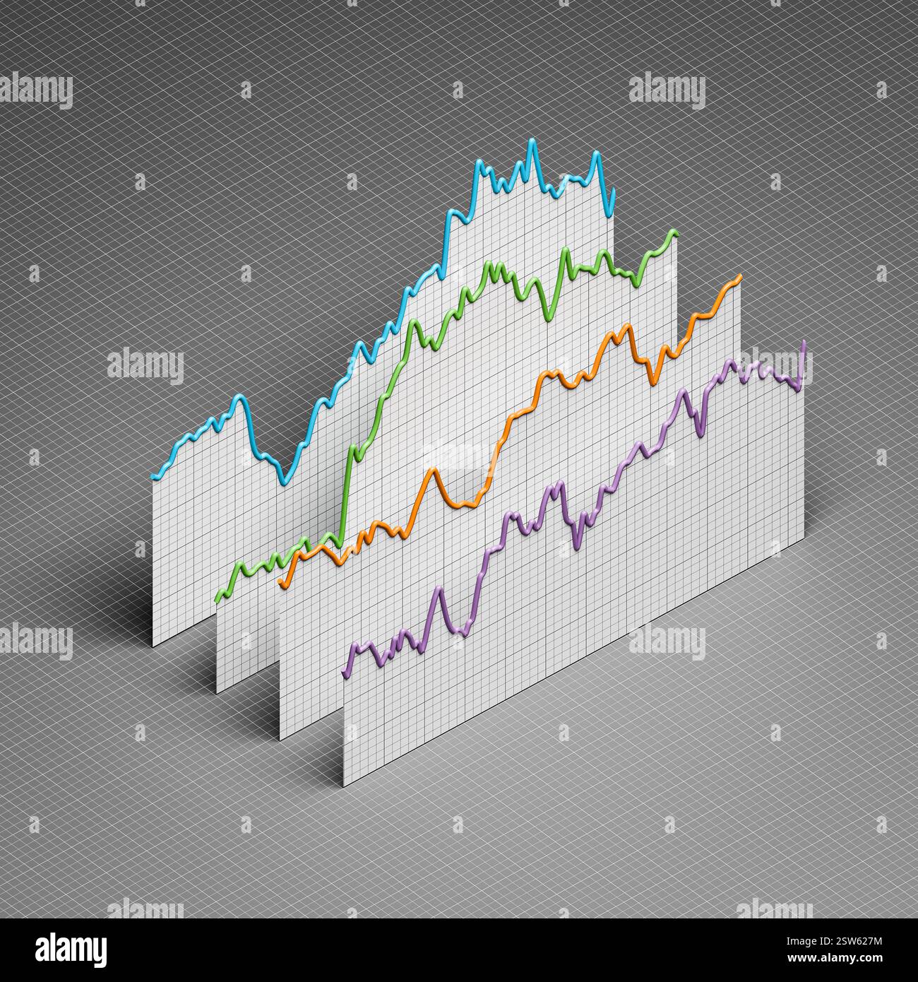 Graphiques des prix historiques des titres, actions, obligations ou matières premières arrangés en 3d avec papier gradué. Perspective orthographique Banque D'Images