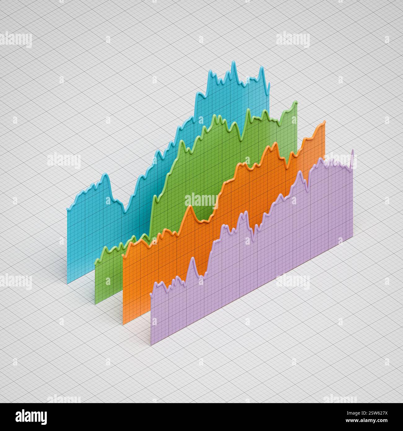 Graphiques des prix historiques des titres, des actions, des obligations ou des matières premières ou des chiffres financiers disposés en 3d sur papier gradué. Image isométrique Banque D'Images