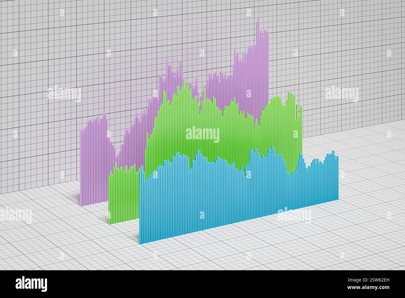Graphique à barres des prix historiques des titres, des actions, des obligations ou des matières premières ou des chiffres financiers disposés en 3d sur fond de papier à échelle. Banque D'Images