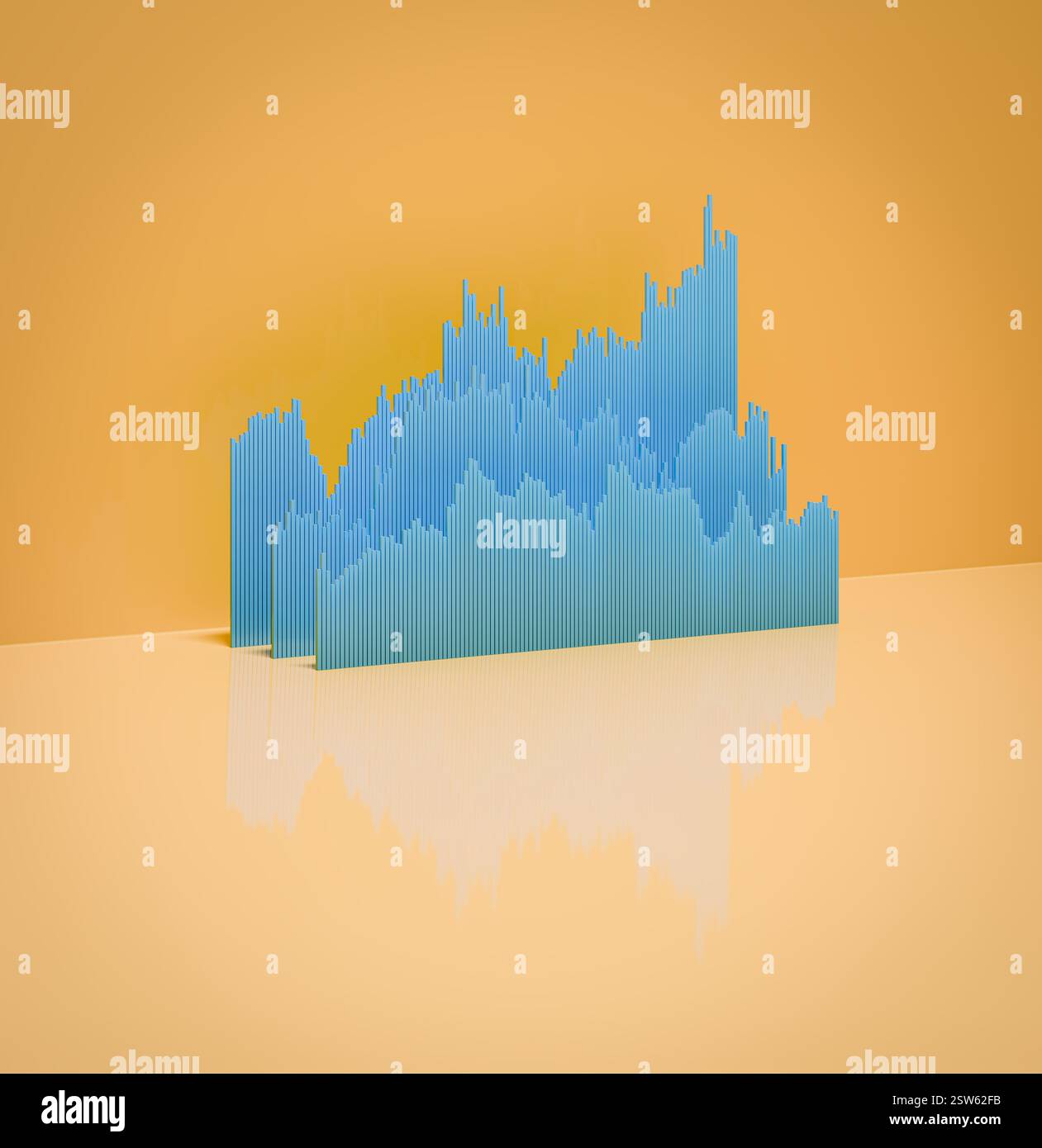 Graphiques à barres bleues des prix historiques des titres, des actions, des obligations ou des matières premières ou des chiffres financiers disposés en 3d sur un fond orange. C Banque D'Images