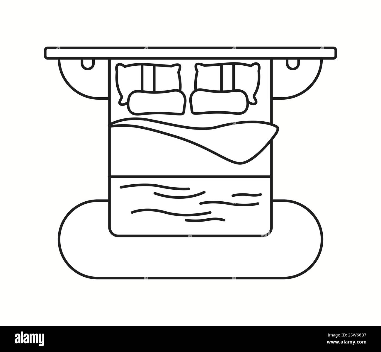 Illustration vectorielle d'un lit king-size avec deux oreillers et tables de chevet dans la vue de dessus. Un ajout parfait à l'agencement des chambres et au plan de design d'intérieur Illustration de Vecteur