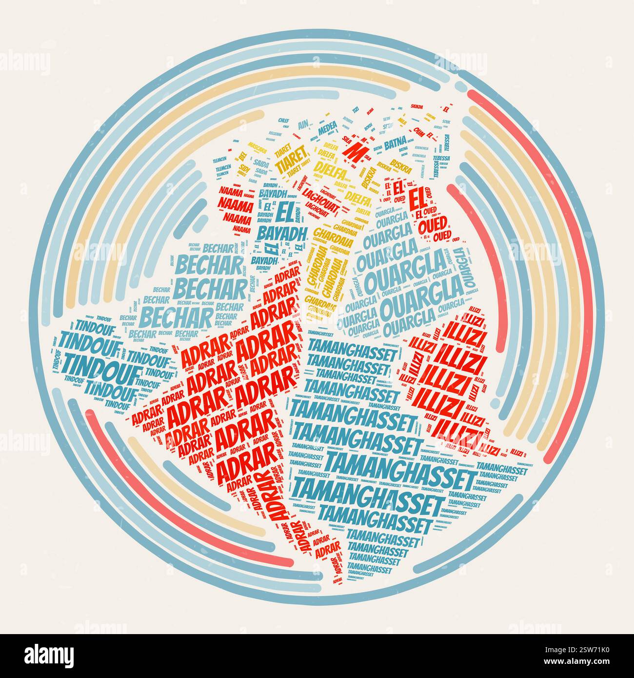 Affiche ronde Algérie. Image de style typographique du pays. Régions nuages de mots de l'Algérie. Design d'image vintage avec texture de grattage. Illustration de Vecteur