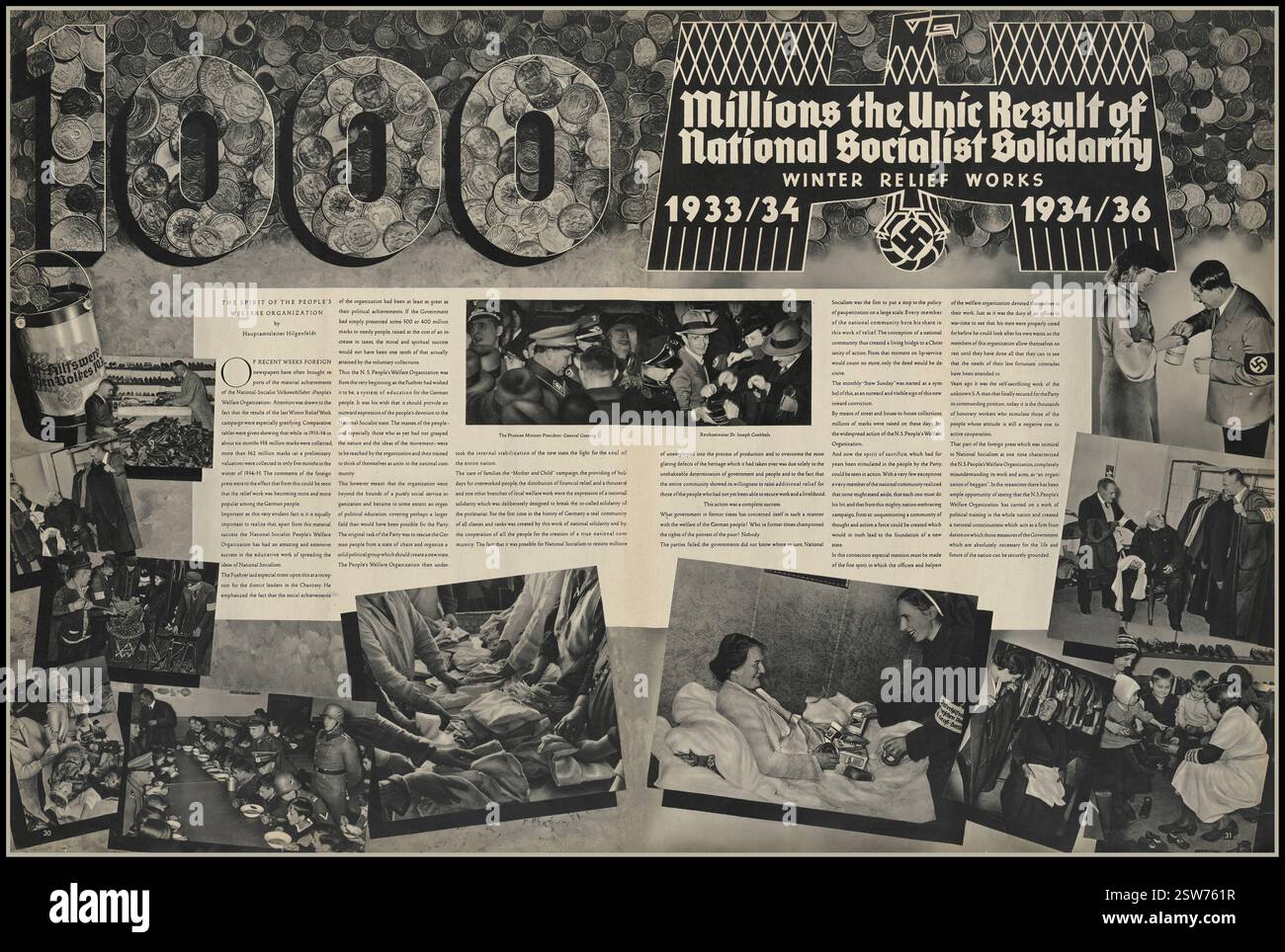 The American Illustrated News, 1933/1934 Winter relief Works Publisher American Illustrated News G.M.B.H. Un journal de propagande nazi. Publié pour la première fois peu de temps après qu'Adolf Hitler et le parti nazi aient renversé la République de Weimar en 1933, American Illustrated News était une publication allemande parrainée par l'État « conçue pour être diffusée à l'étranger dans les intérêts allemands », selon un article du New York Times du 19 avril 1934 intitulé « German Organ vise à stimuler les voyages », Bergmann, affirme que l'American Illustrated News n'est pas pour la propagande. Date 1936 Banque D'Images