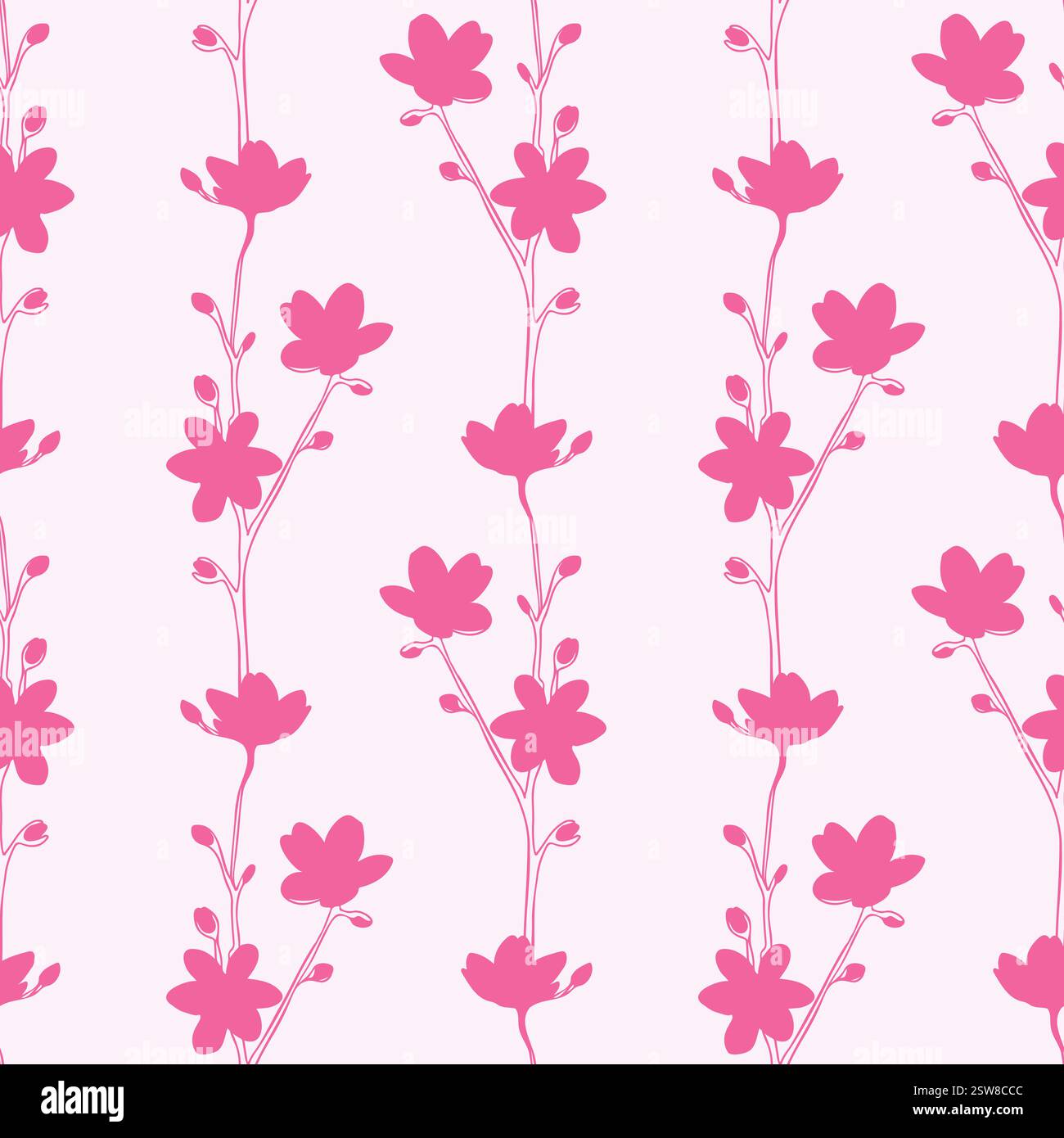 Spring Vibe, branches avec des silhouettes de fleurs roses et de bourgeons, modèle sans couture d'humeur printanière, sakura, fleurs de cerise.ornement. Illustration vectorielle Illustration de Vecteur