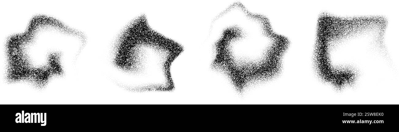 Dégradés en pointillés formes fumées. Taches et taches de liquide granuleux. Ensemble de poussière coulant noir pointillé. Des éclaboussures de bruit et des éclaboussures se forment. Dissoudre la texture des particules de sable. Eléments demi-ton à évanouissement vectoriel Illustration de Vecteur