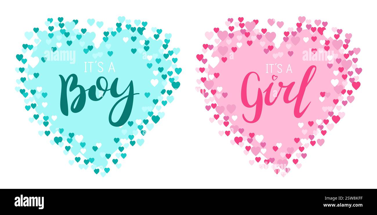 Les genres « C'est un garçon » et « c'est une fille » révèlent des annonces avec des fonds de confettis en forme de cœur. Parfait pour les publications sur les réseaux sociaux, les cartes ou les fêtes Illustration de Vecteur