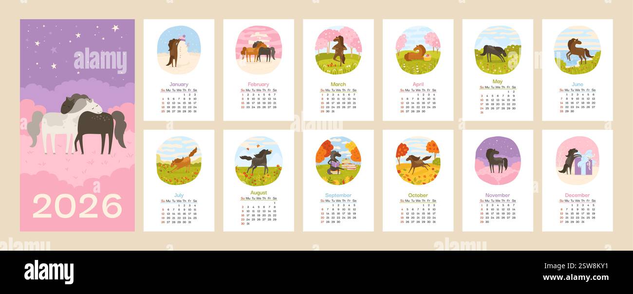 Calendrier 2026 avec modèle vertical de mascotte de cheval. Calendrier mural avec jument, Mustang. Ensemble de 12 pages et couverture avec des chevaux dans différentes poses, scènes paysages. Semaine commence dimanche illustration vectorielle Illustration de Vecteur