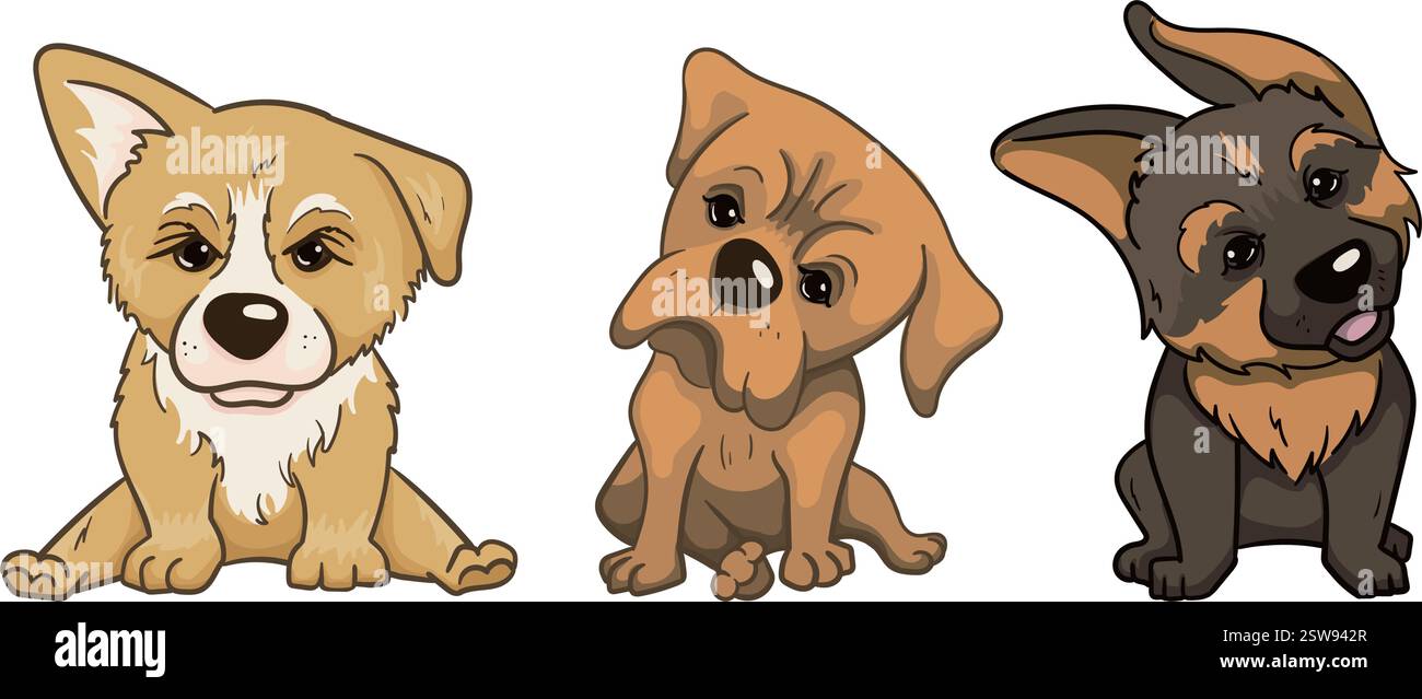 Ensemble d'illustrations vectorielles de chiens. Berger allemand, Corgi, Bulldog. Personnages de chiot mignon pour le livre pour enfants, imprimer Illustration de Vecteur