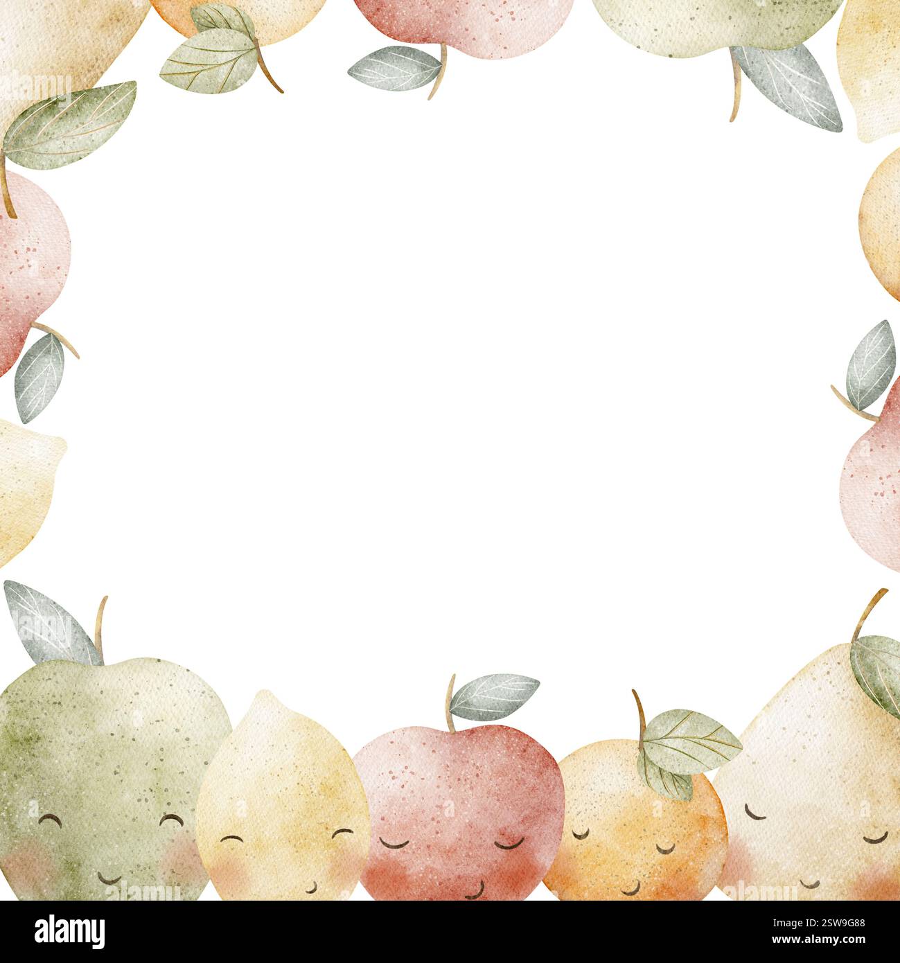 Cadre aquarelle pommes drôles, poire, citron, mandarine, orange, récoltez avec des yeux mignons. Illustration dessinée à la main pour les modèles de conception invitations enfants Banque D'Images