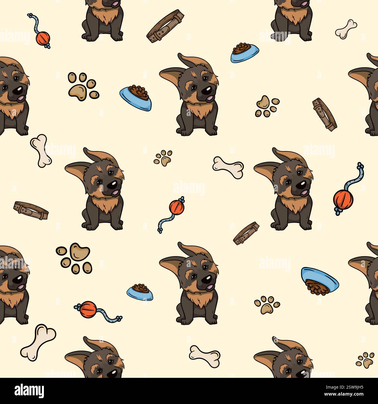 Modèle sans couture avec chiot Berger allemand. Fond vectoriel avec des chiens mignons, accessoires pour animaux de compagnie. Impression pour papier d'emballage Illustration de Vecteur