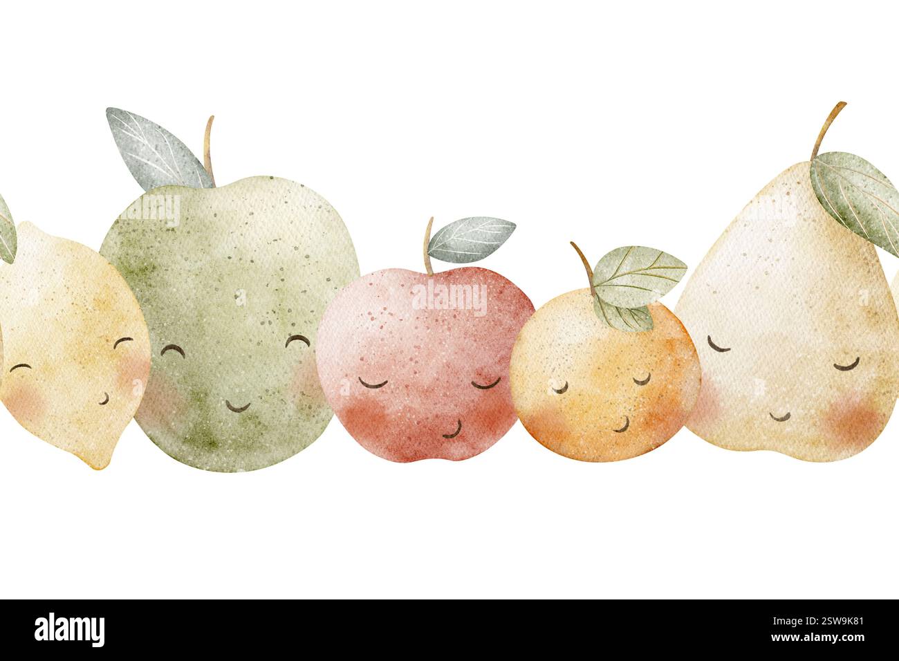 Aquarelle bordure sans couture fruits citron, pommes, poire, mandarine, orange. Illustration isolée pour la conception de bannière, douche, salle de bains, enfants, pépinière Banque D'Images