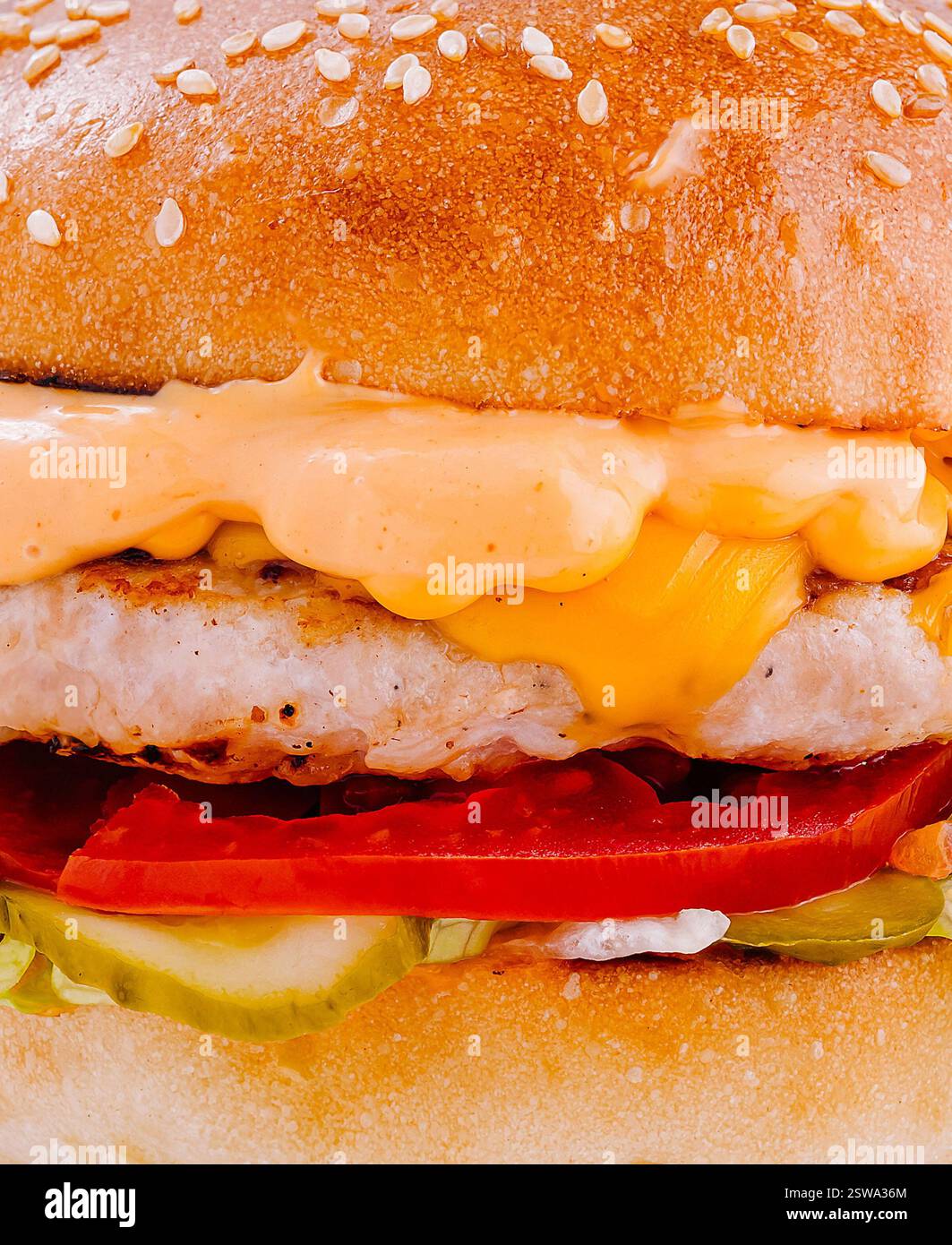 Délicieux hamburger avec patty de poulet, fromage fondu et légumes attend quelqu'un pour le manger Banque D'Images