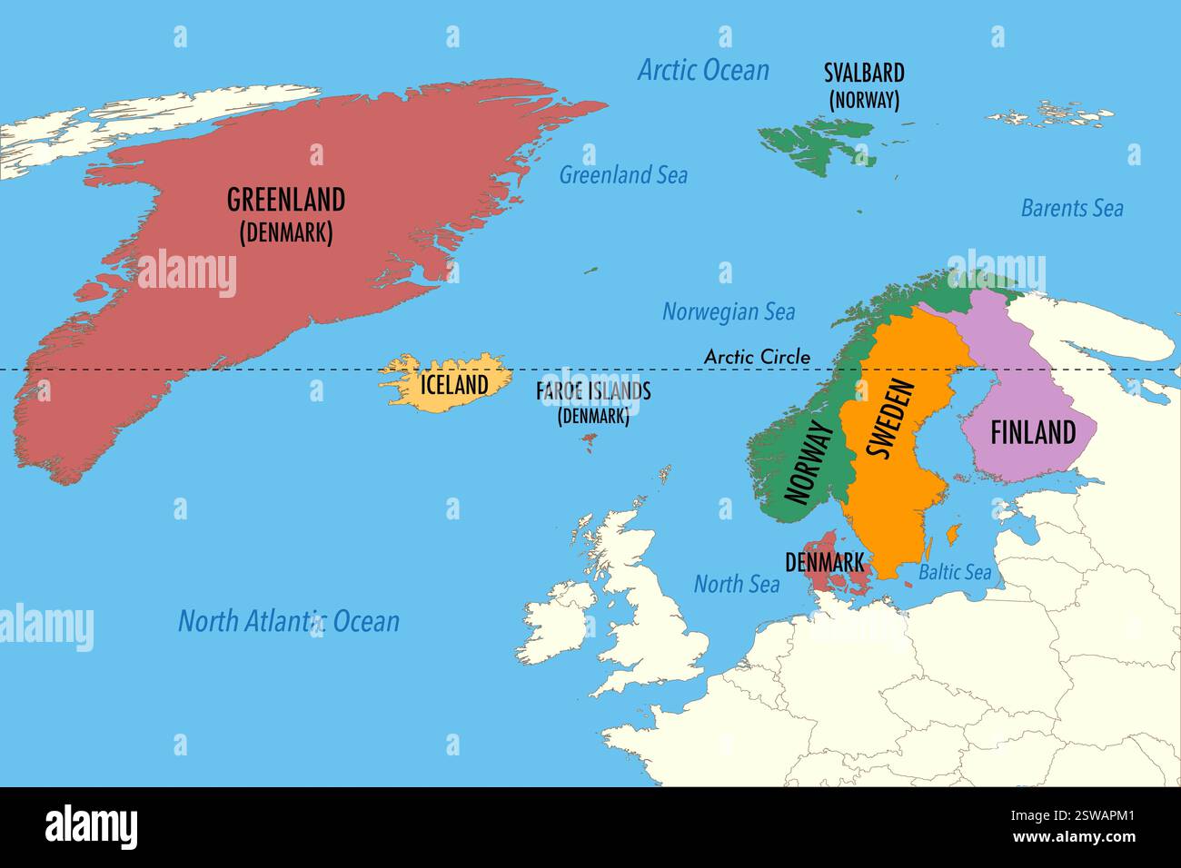 Carte de l'Europe mettant en évidence les pays nordiques et les territoires autonomes – illustration infographique Banque D'Images