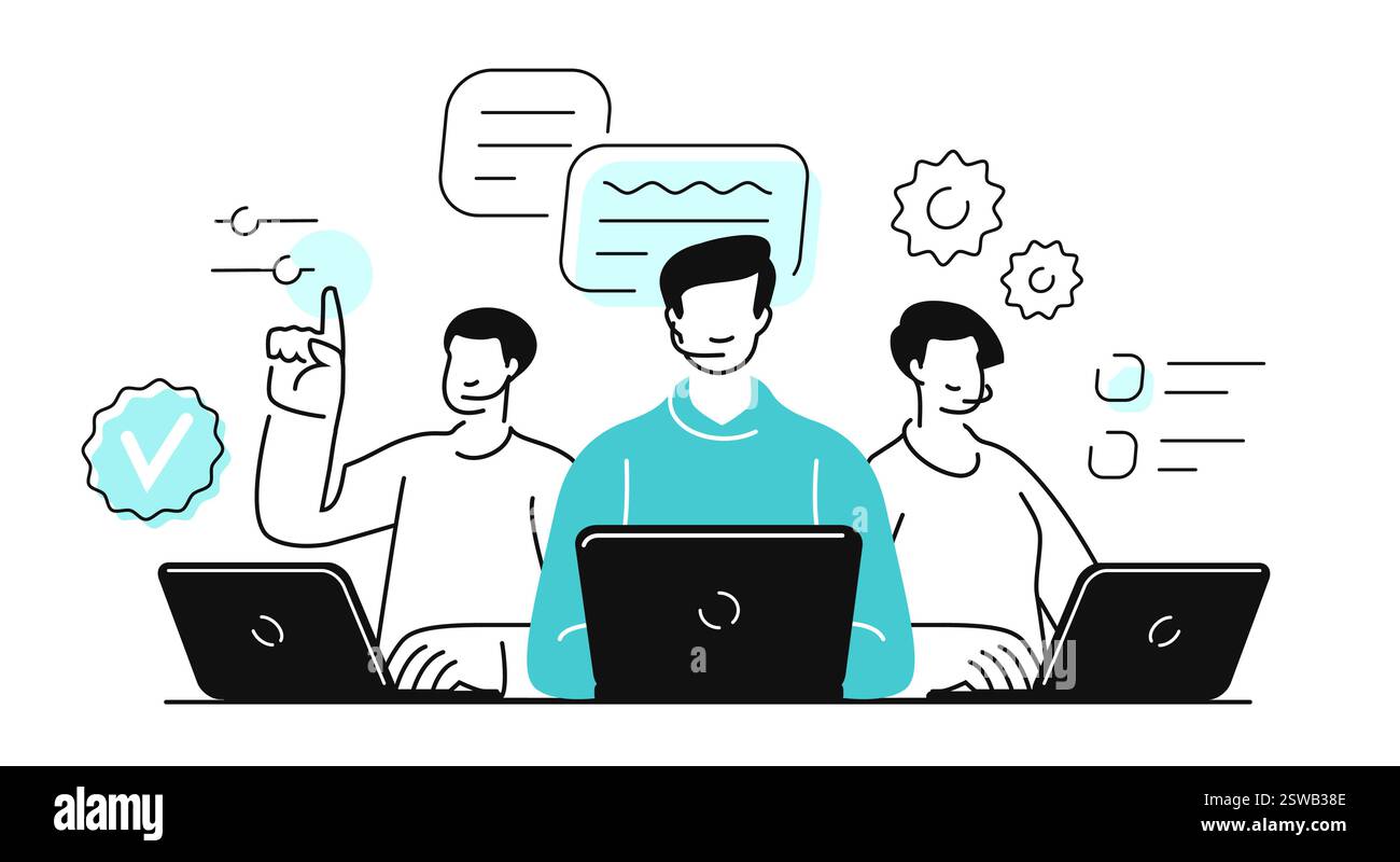 Opérateurs de ligne d'assistance clientèle de centre d'appels avec micro-casques/oreillettes. Support technique en ligne, assistance Illustration de Vecteur