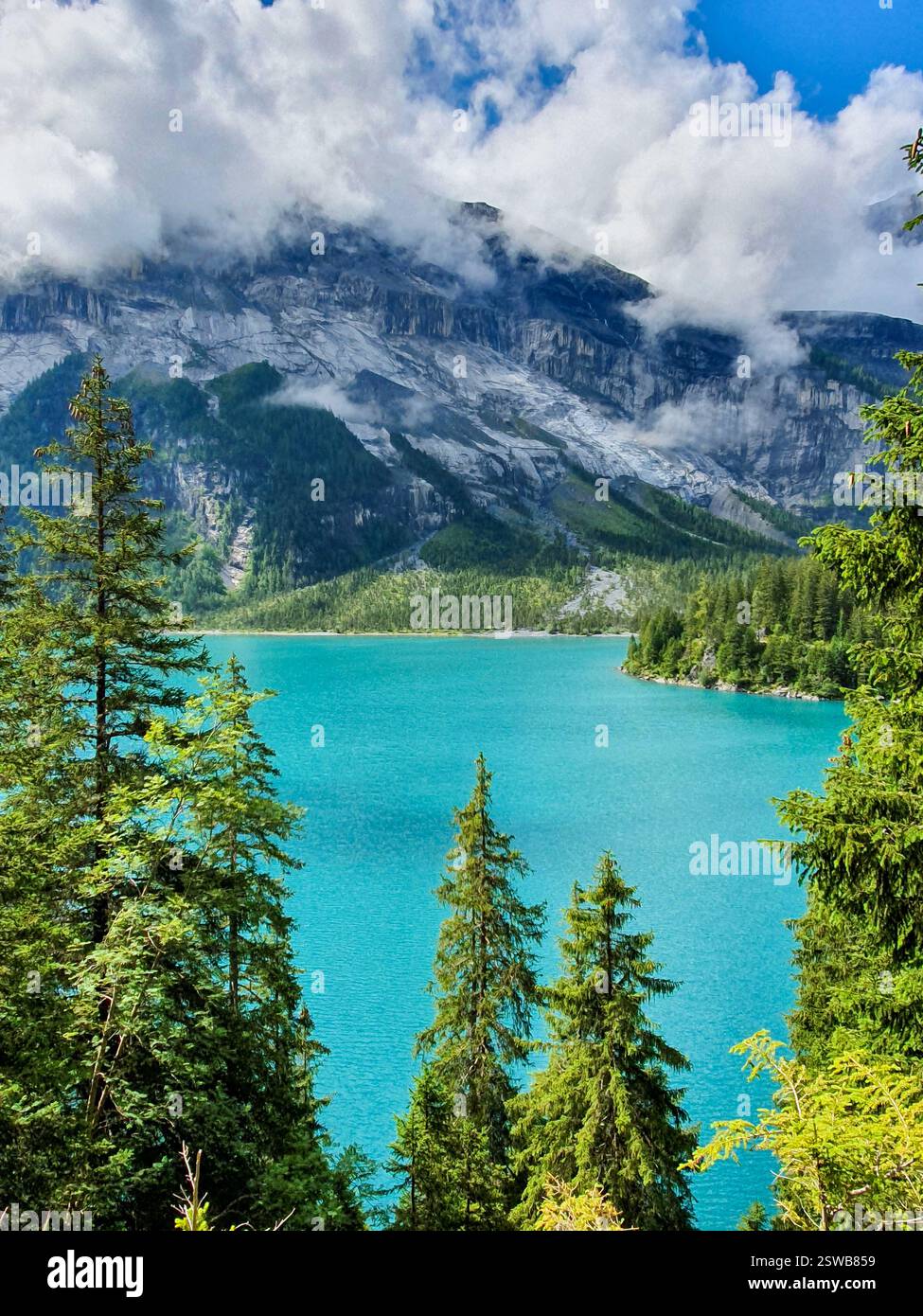 Lac turquoise encadré par des arbres verdoyants et des montagnes majestueuses Oeschinensee Suisse Banque D'Images