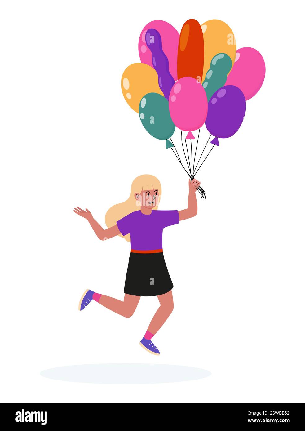 Fille courir joyeusement avec des ballons colorés dans une atmosphère joyeuse Illustration de Vecteur