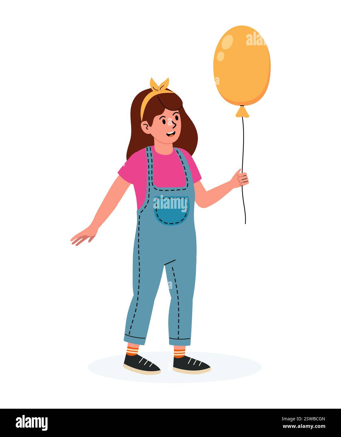 Fille tenant un ballon jaune tout en portant une salopette et profiter d'une journée ensoleillée à l'extérieur Illustration de Vecteur