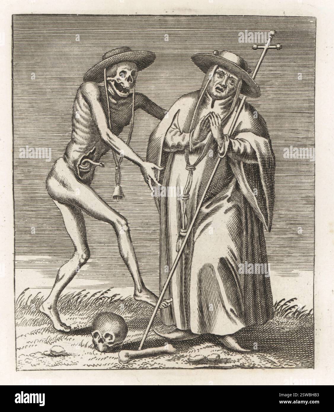 Cadavre de la mort avec le Cardinal. Un squelette dans le chapeau de cardinal avec un serpent dans ses entrailles embrasse un cardinal en casquette et en casquette avec croix. Gravure sur cuivre de Jacques-Antony Chovin d'après une illustration de Matthaus Merian de Todtentanz der Stadt Basel : la danse de la mort à Bâle, la danse des morts à Bale, Bâle, Suisse, 1744. Banque D'Images