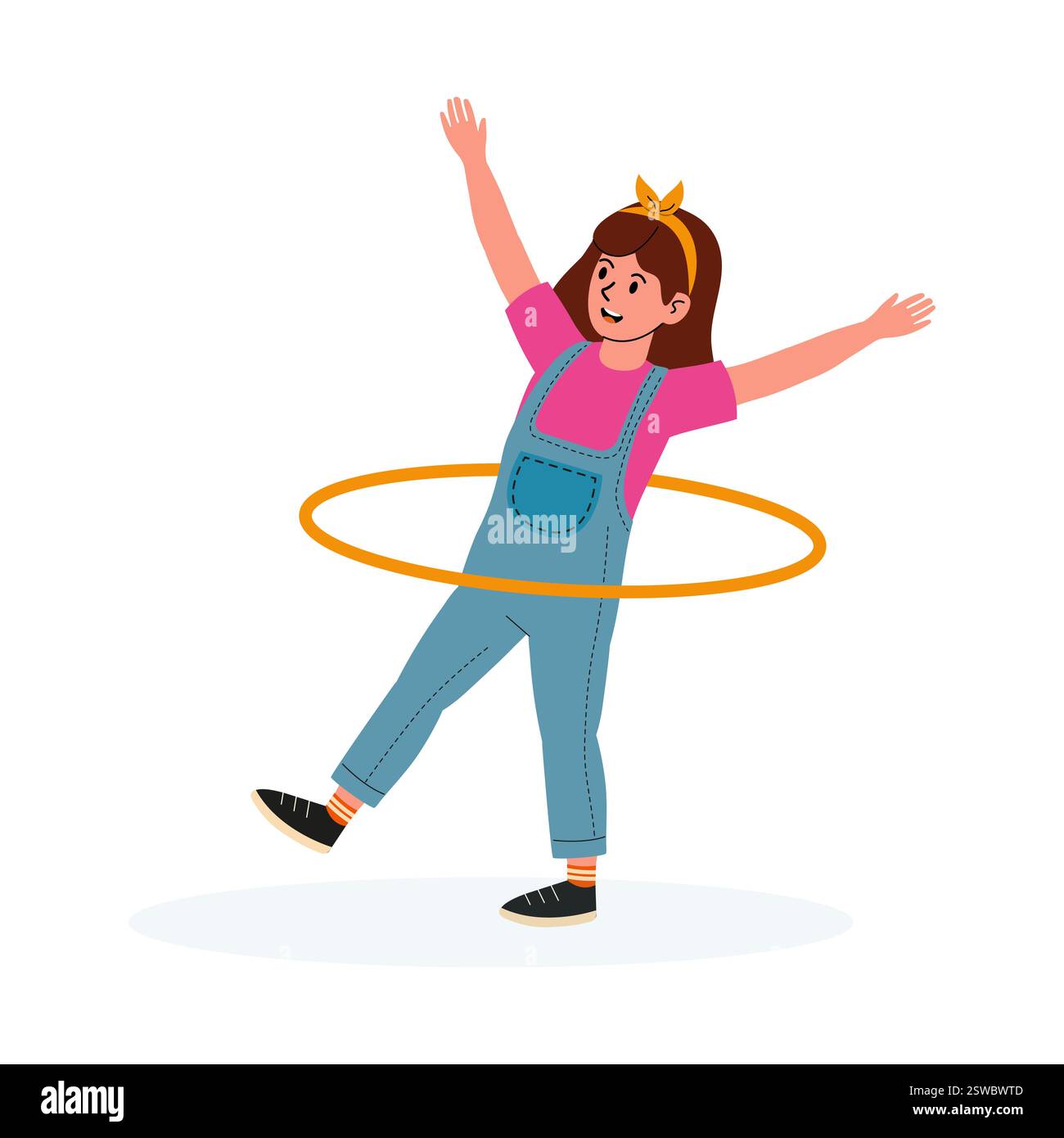 Fille joyeusement hula hooping dans une tenue décontractée tout en profitant de l'activité amusante à la maison Illustration de Vecteur