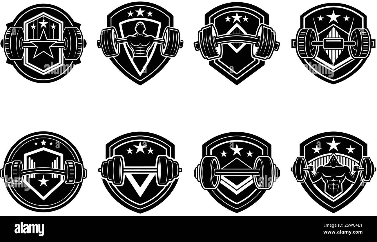 Haltère, emblèmes de fitness, Silhouette Gym logo Bundle, ensemble d'icônes de pack de logo de gym vintage, collection d'équipements de fitness, Illustration de Vecteur