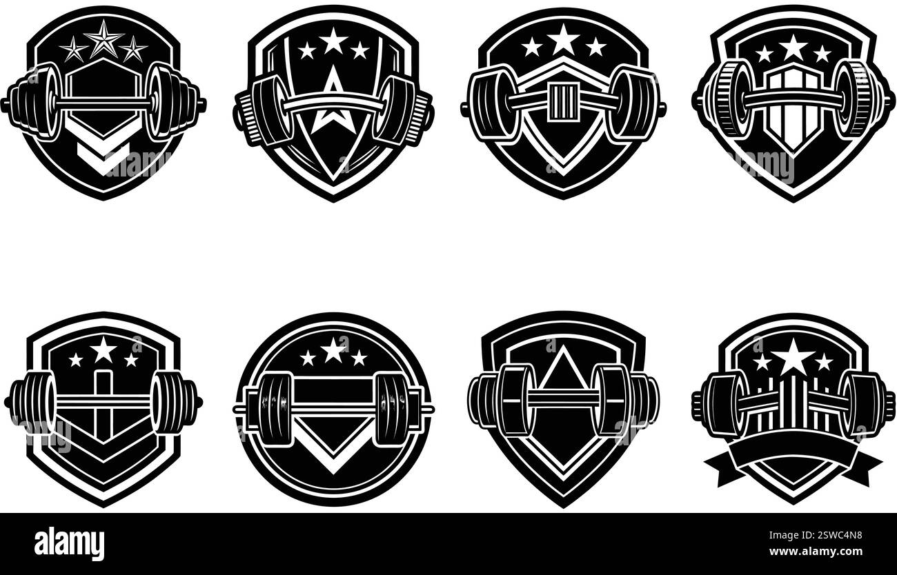Haltère, emblèmes de fitness, Silhouette Gym logo Bundle, ensemble d'icônes de pack de logo de gym vintage, collection d'équipements de fitness, Illustration de Vecteur