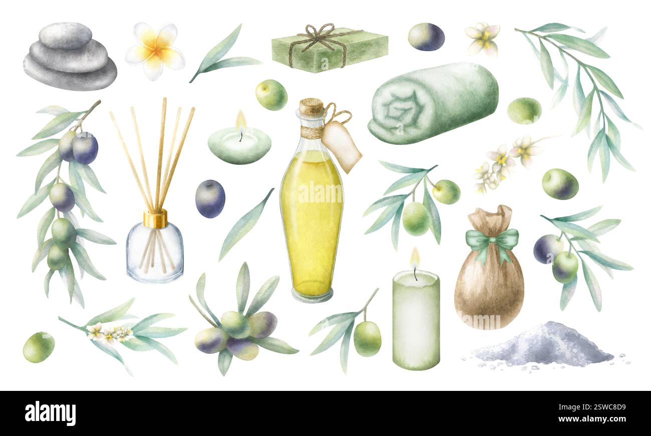 Huile d'olive, savon alep, diffuseur d'arôme, sel de mer, serviette enroulée, bougies, cailloux empilés, fleurs de frangipanier et branches d'olivier. Ensemble d'illustration isolée d'aquarelle dessinée à la main pour la conception de salon de spa. Banque D'Images