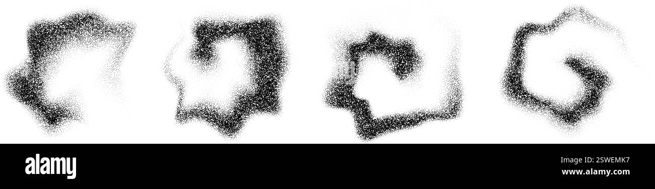 Formes fumées en pointillés. Taches et taches de liquide granuleux. Ensemble de poussière coulant noir pointillé. Des éclaboussures de bruit et des éclaboussures se forment. Dissoudre la texture des particules de sable. Eléments de gradient demi-ton évanouissement vectoriel Illustration de Vecteur