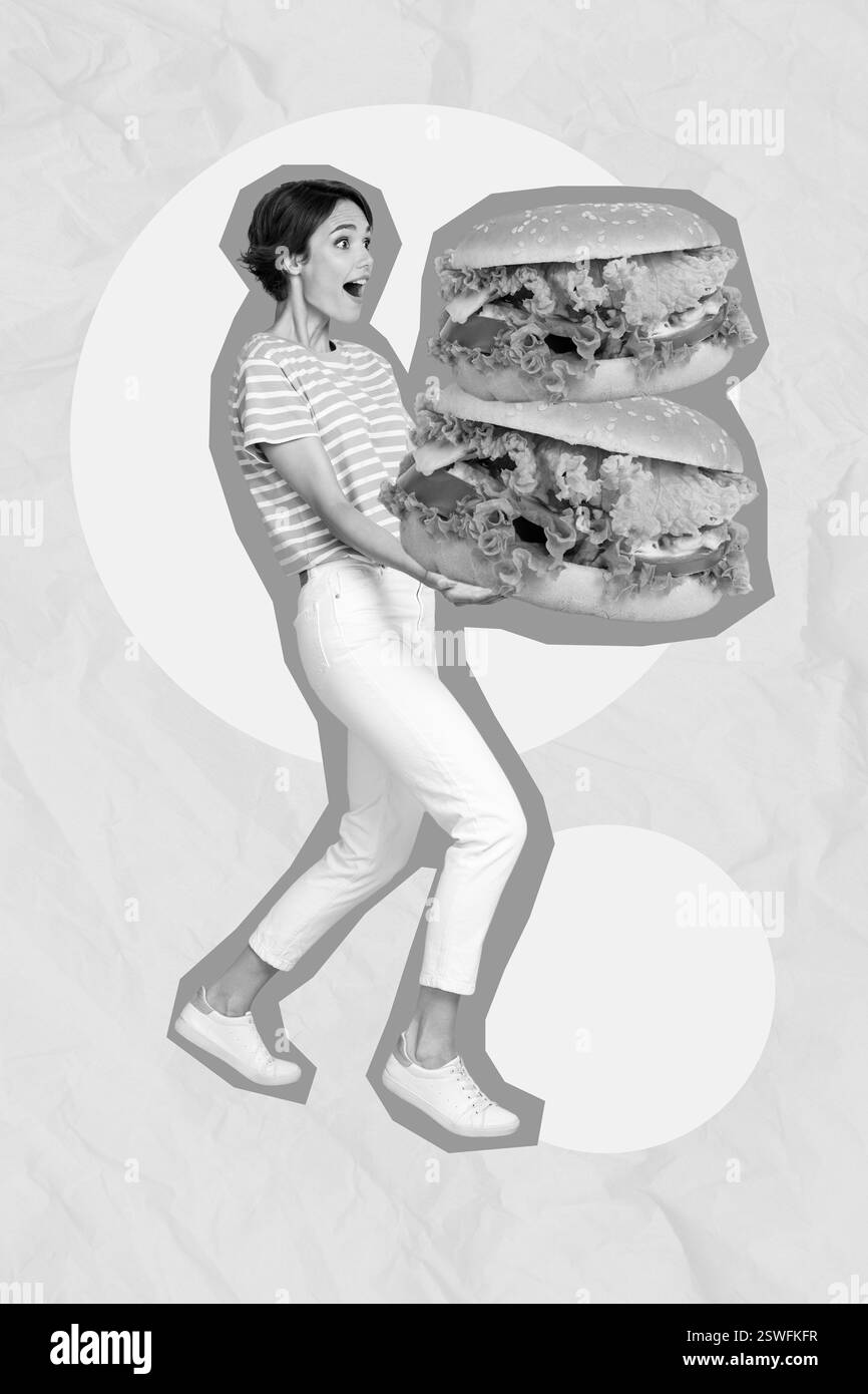 Vertical photo créative 3D collage affiche carte postale de bonne joie positive dame faire la livraison en ligne ordre isolé sur fond peint Banque D'Images