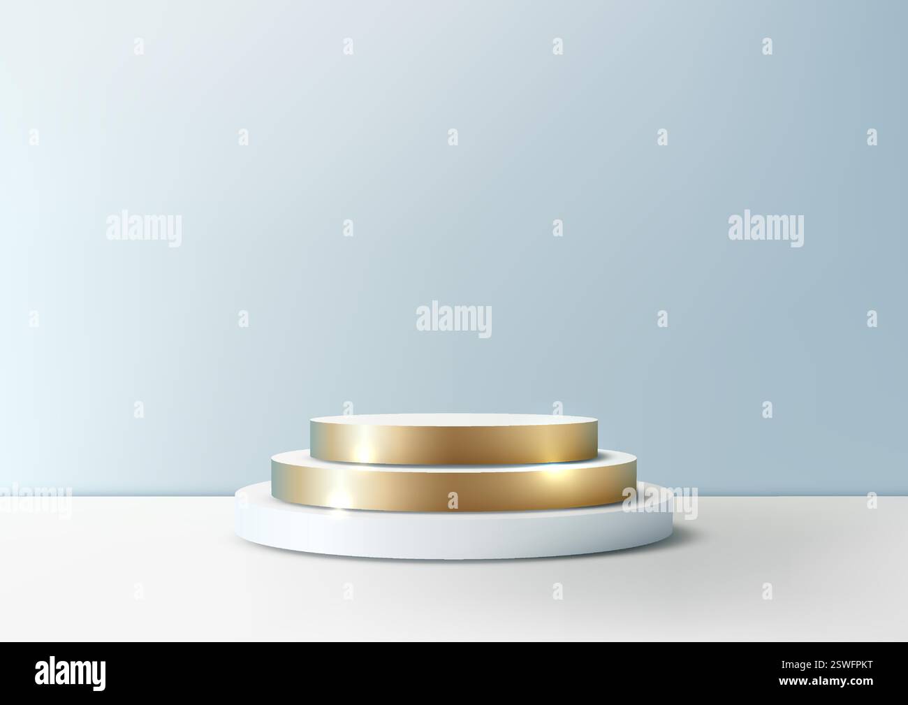 podium circulaire 3d minimaliste avec un étage supérieur doré chatoyant et une base blanche solide fond bleu pâle, des affichages de produits de luxe, des cérémonies de remise des prix, ou m Illustration de Vecteur